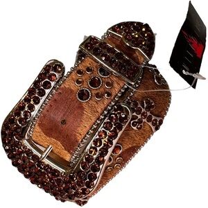 NWT Leather and Natural Hide Western Show Belt with Cross and Amber Rhinestones
